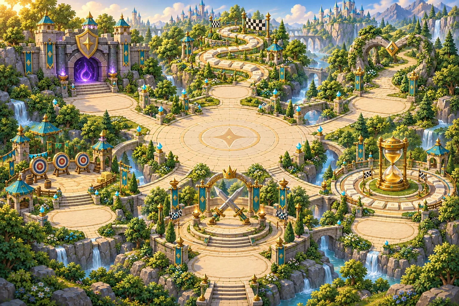 Six connected Arena landmarks: a boss gate, keycap race track, target range, endless trail, crowned dueling ring and golden Sprint hourglass.