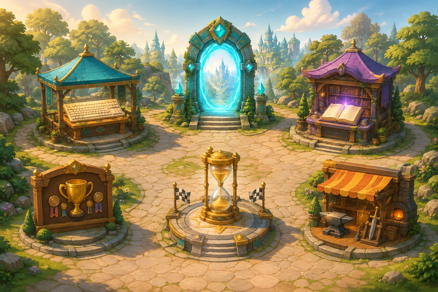 A sunlit courtyard with a keyboard pavilion, glowing world portal, library, trophy board, hourglass, and blacksmith shop.