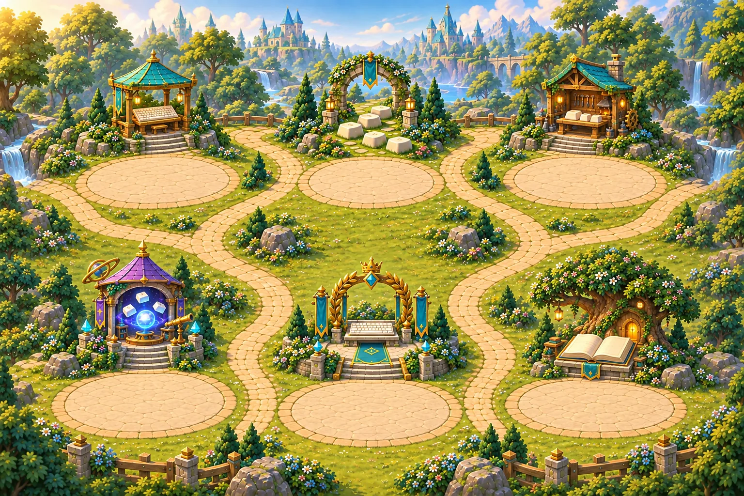 Six places along a garden path: a keyboard gazebo, stepping keys, a workshop, a wizard tower, a crown arch and a storybook tree.